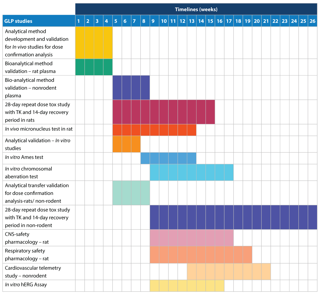 Gantt chart illustrating a 26-week timeline for IND GLP toxicology and safety pharmacology studies, including analytical method validation, repeat-dose toxicity studies, genotoxicity assays, and in vivo safety pharmacology evaluations.