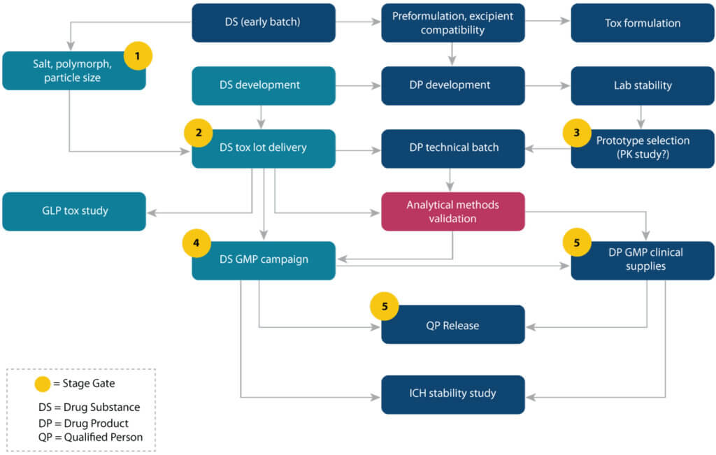 Integrated CMC workflow for biologics showing drug substance and drug product development, analytical validation, and GMP clinical supply