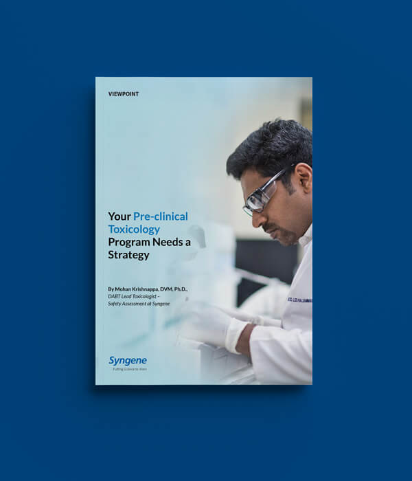 Syngene viewpoint cover: "Your Pre-clinical Toxicology Program Needs a Strategy" (GLP toxicology, toxicokinetics, IND enabling studies)