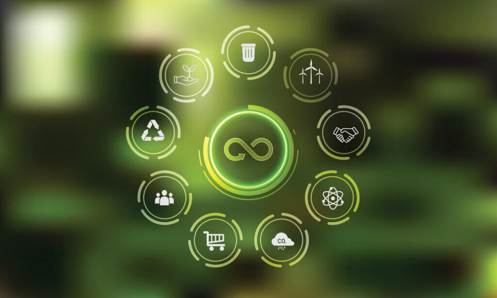 Circular sustainability icons representing green chemistry principles in pharma.
