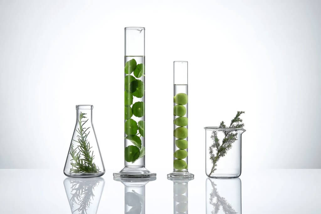 Laboratory glassware with green leaves illustrating green chemistry in pharmaceuticals.