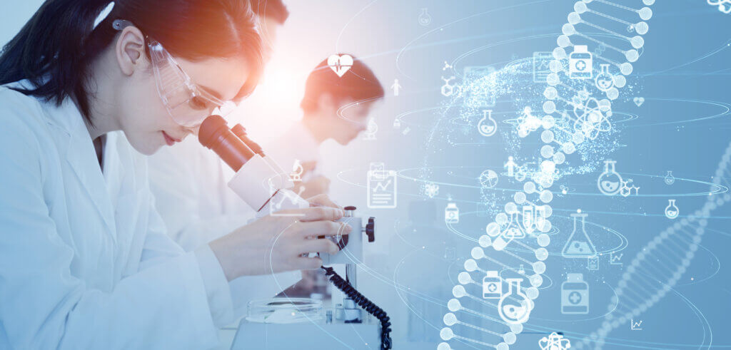 Scientists analysing samples for AAV gene therapy in a modern lab